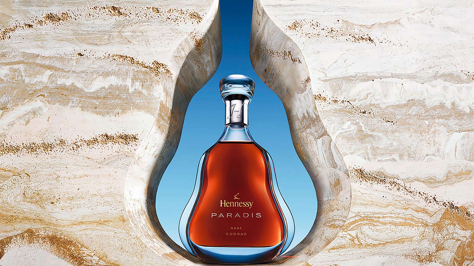 Decanter of Hennessy Paradis against a natural stone background