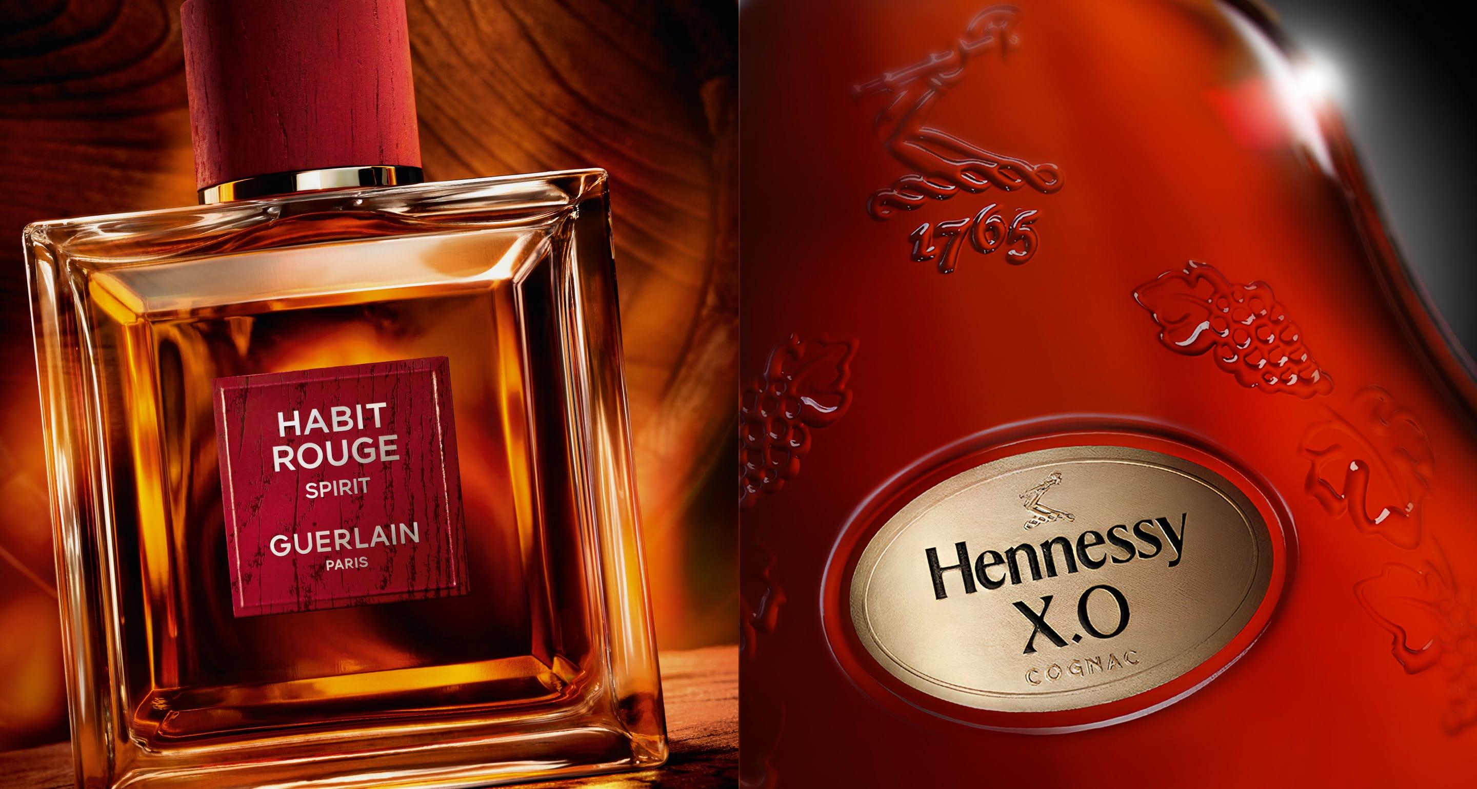 Side-by-side shot of an exquisite perfume bottle and a cognac bottle, both displaying their brand names and rich legacy, set against a sophisticated leather backdrop.