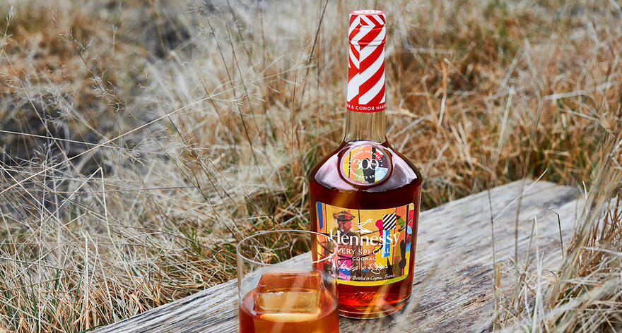 Bottle of Hennessy V.S cognac in a natural landscape. This is a limited edition created to celebrate the 300th anniversary of the birth of founder Richard Hennessy