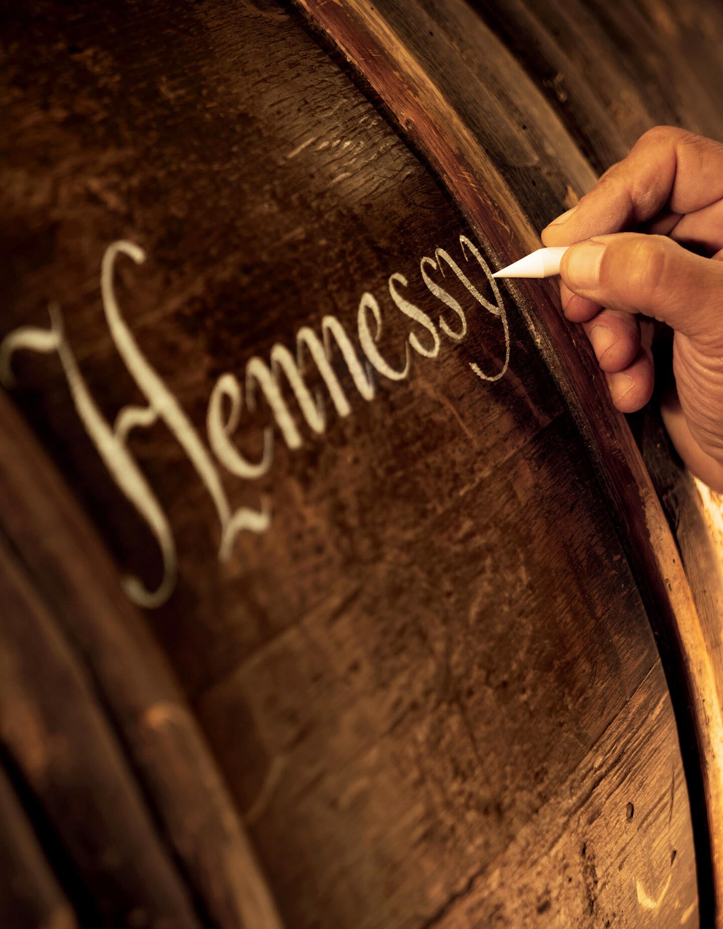 Hennessy oak barrel featuring traditional chalk calligraphy inscriptions