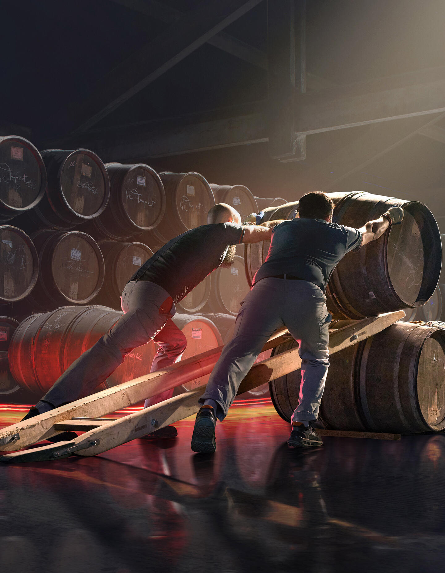 Hennessy cellar agents putting hundreds of oak barrels into place in a traditional ageing cellar