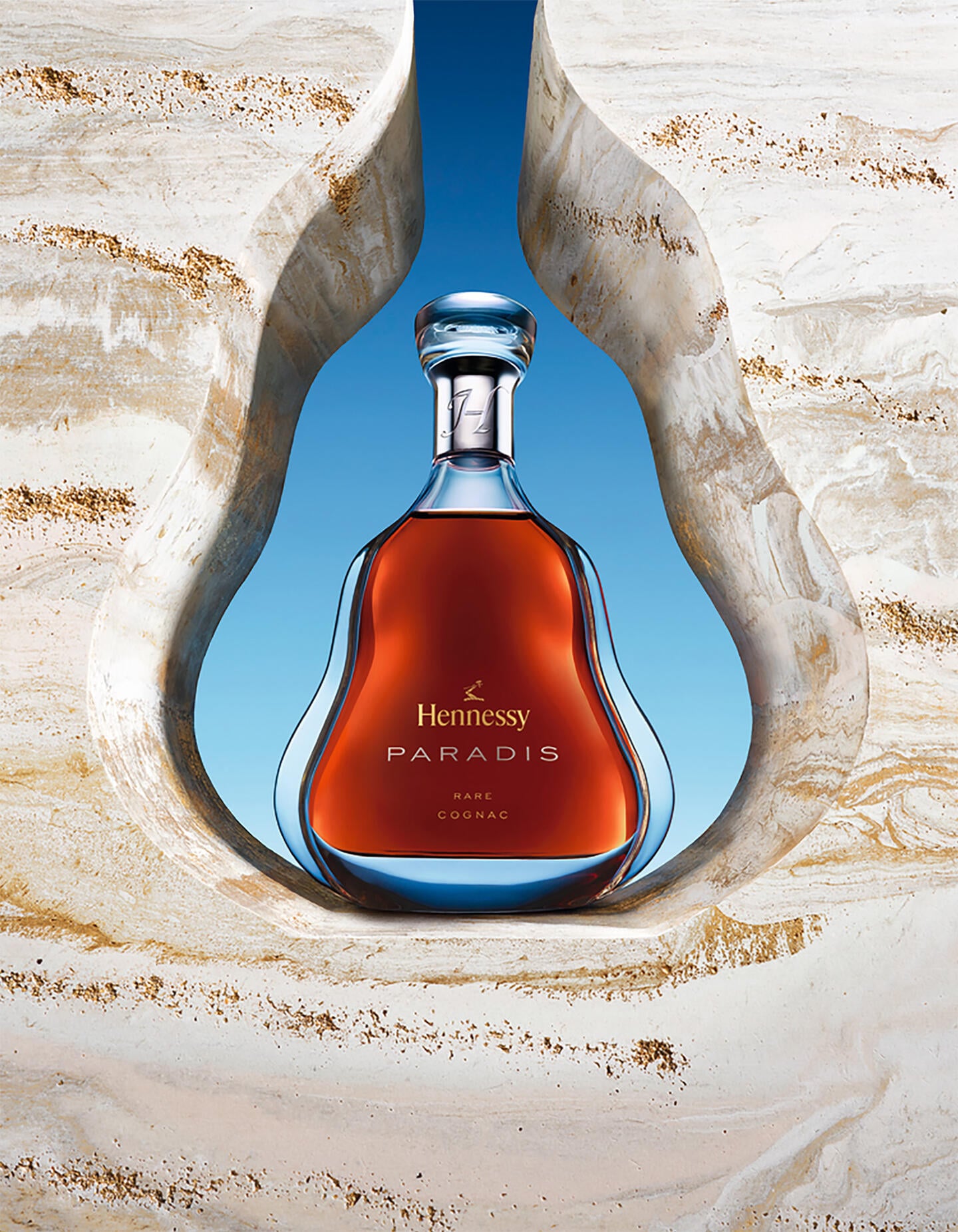 Decanter of Hennessy Paradis against a natural stone background