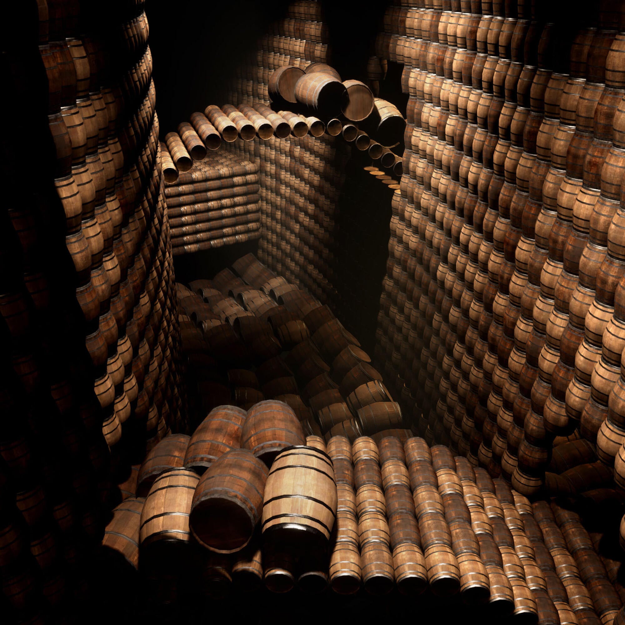A still image from MOBILIS, our virtual reality experience, showing animated rows of hundreds of oak barrels in the Hennessy cellars